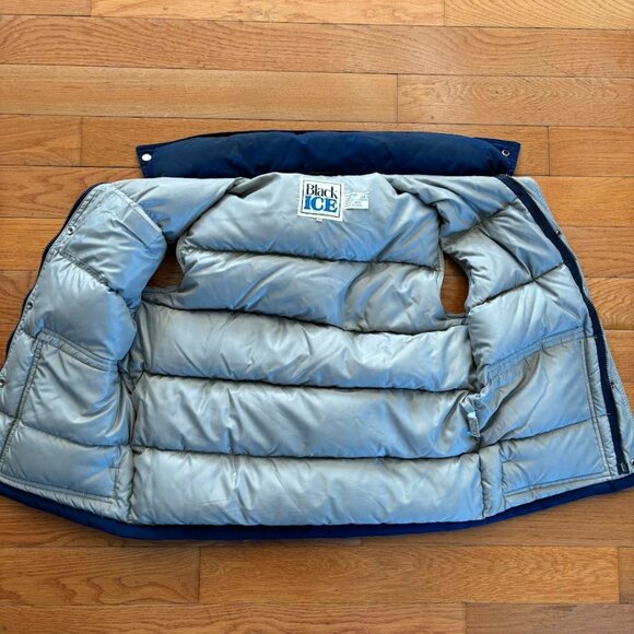 Vintage Black Ice Down Filled Blue Puffer Vest Mens M Hideaway Hood Outdoor Camp - Picture 3 of 10